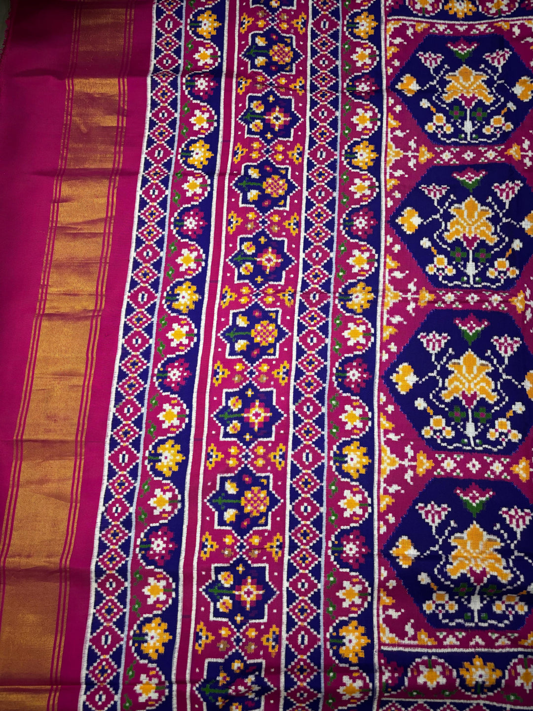Authentic Double Ikkat Patan Patola Pure Silk Handwoven  Saree in Royal Blue-Pink with Floral Design | SILK MARK CERTIFIED