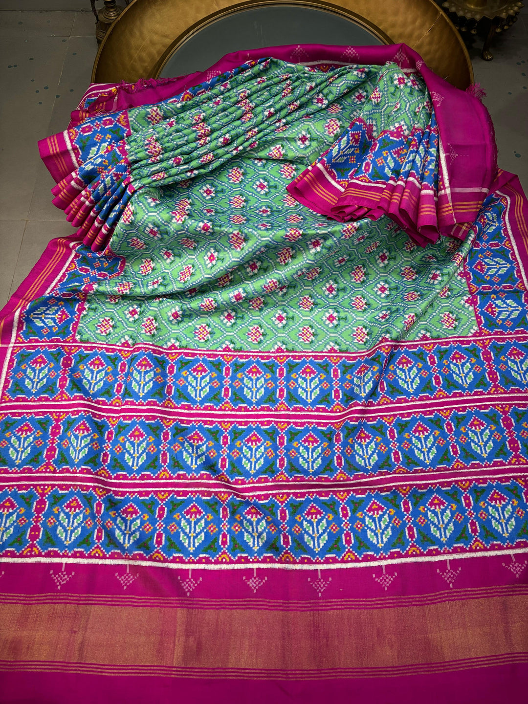 Authentic Double Ikkat Patan Patola Pure Silk Handwoven  Saree in Mint Green with Anar Buttas and Contrast Border | SILK MARK CERTIFIED | SHOBITAM