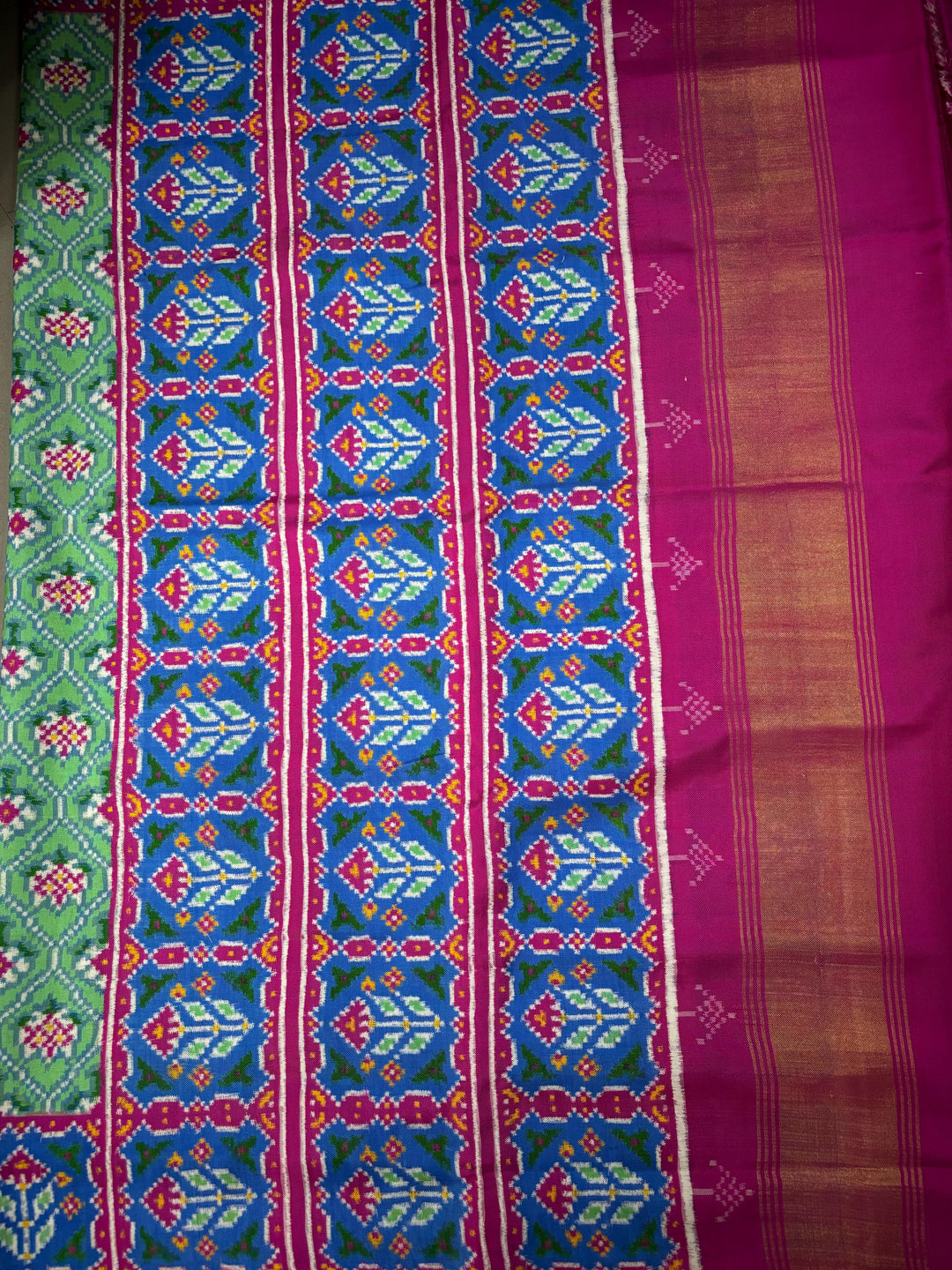 Authentic Double Ikkat Patan Patola Pure Silk Handwoven  Saree in Mint Green with Anar Buttas and Contrast Border | SILK MARK CERTIFIED | SHOBITAM