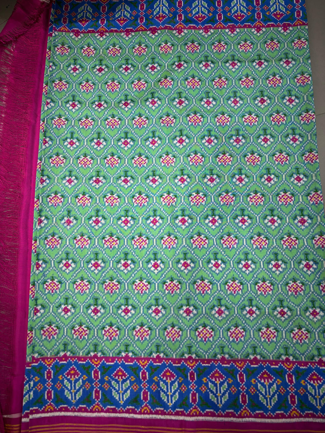 Authentic Double Ikkat Patan Patola Pure Silk Handwoven  Saree in Mint Green with Anar Buttas and Contrast Border | SILK MARK CERTIFIED | SHOBITAM