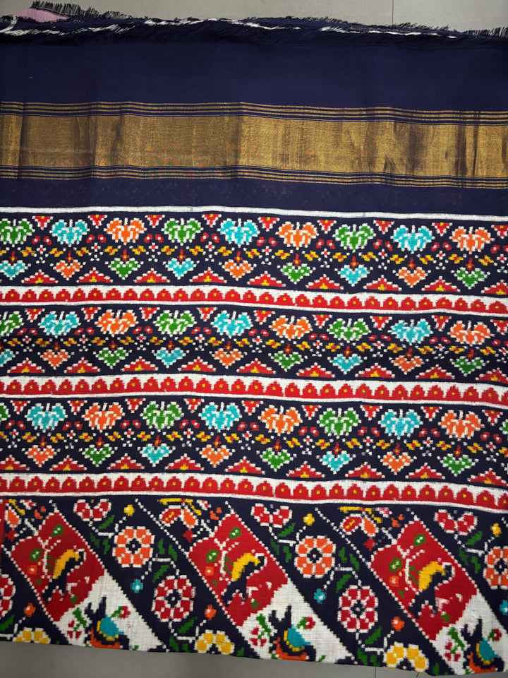 Authentic Double Ikkat Patan Patola Pure Silk Handwoven  Saree in Blackish Blue with Leheria Design | SILK MARK CERTIFIED | SHOBITAM