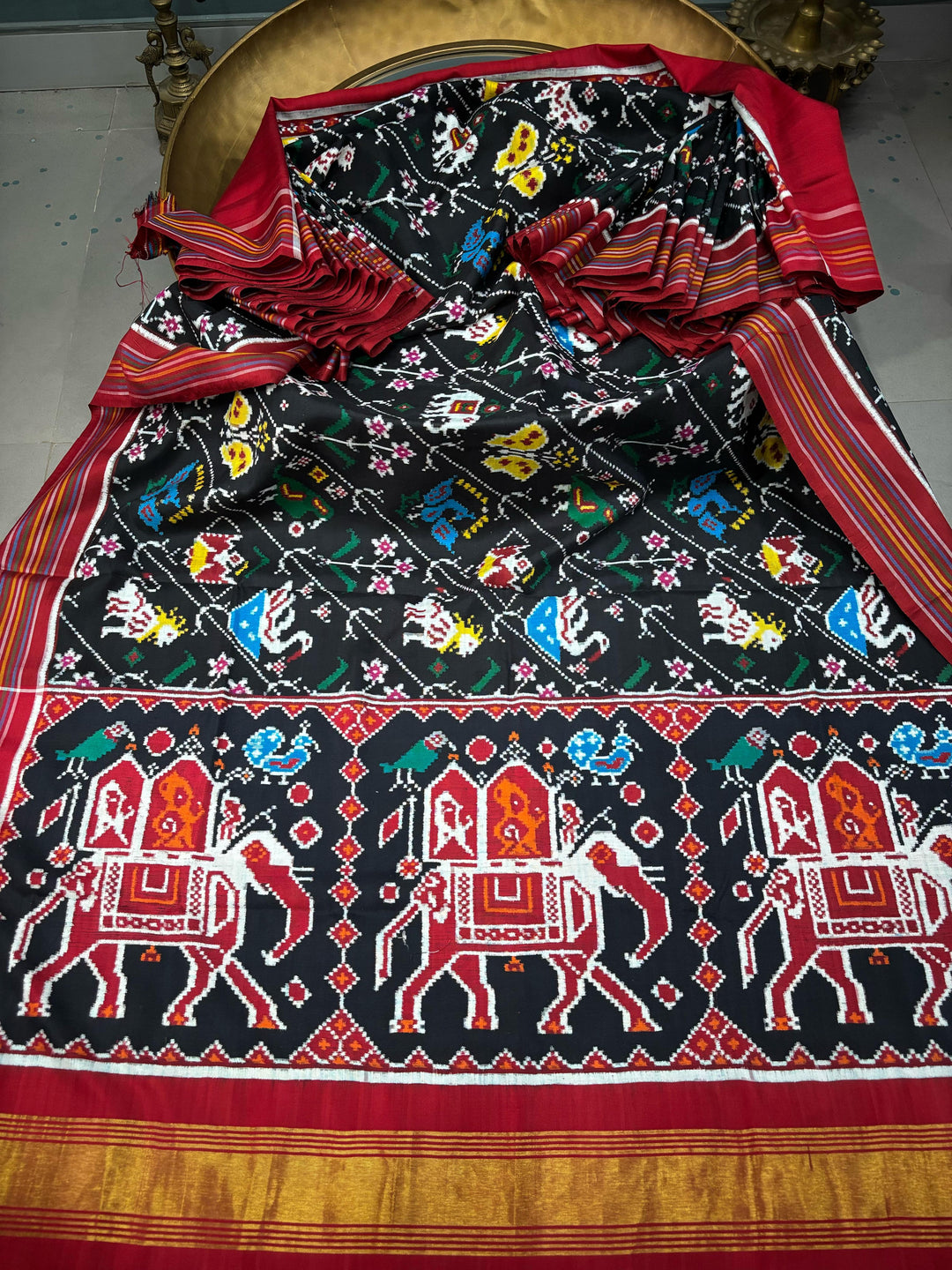 Authentic Double Ikkat Patan Patola Pure Silk Handwoven Patli Pallu Saree in Black with Leheria Design and Birds-Butterflies-Elephant | SILK MARK CERTIFIED