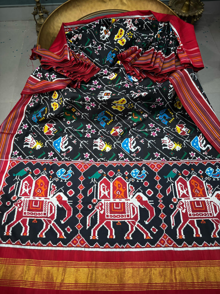 Authentic Double Ikkat Patan Patola Pure Silk Handwoven Patli Pallu Saree in Black with Leheria Design and Birds-Butterflies-Elephant | SILK MARK CERTIFIED