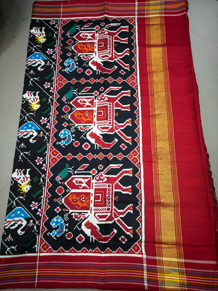 Authentic Double Ikkat Patan Patola Pure Silk Handwoven Patli Pallu Saree in Black with Leheria Design and Birds-Butterflies-Elephant | SILK MARK CERTIFIED