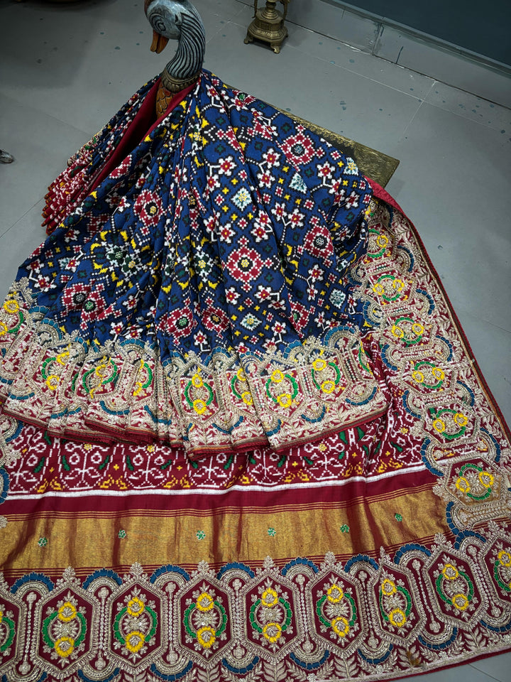 Authentic Double Ikkat Patan Patola Pure Silk Handwoven  Saree in Prussian Blue with Navarathna Design and Meenakari Zardosi Hand Work | SILK MARK CERTIFIED
