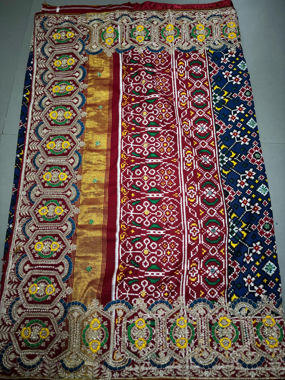 Authentic Double Ikkat Patan Patola Pure Silk Handwoven  Saree in Prussian Blue with Navarathna Design and Meenakari Zardosi Hand Work | SILK MARK CERTIFIED