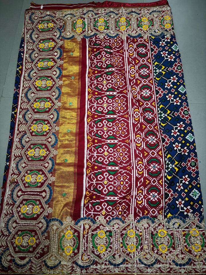 Authentic Double Ikkat Patan Patola Pure Silk Handwoven  Saree in Prussian Blue with Navarathna Design and Meenakari Zardosi Hand Work | SILK MARK CERTIFIED