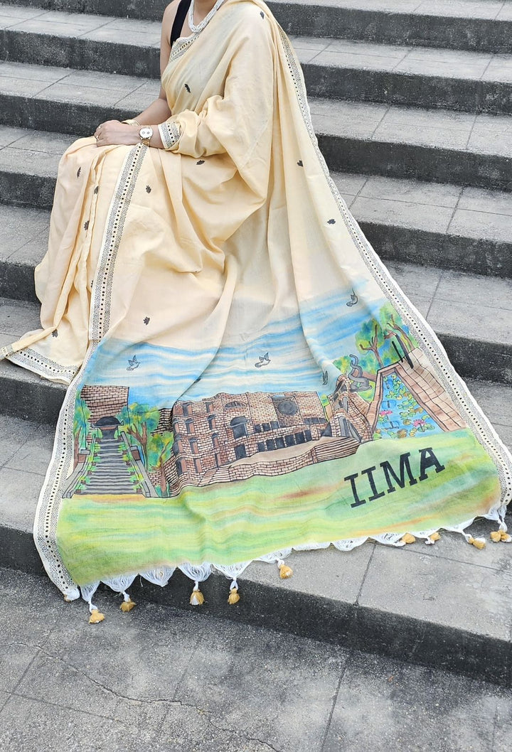 White Handloom My University, My Saree - IIM Ahmedabad Hand Painte | SHOBITAM