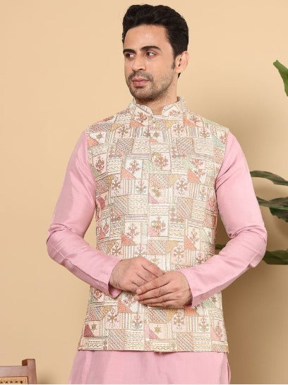 Men's Multi-Colour Embroidered Band Neck Woven Design Nehru Jacket | SHOBITAM