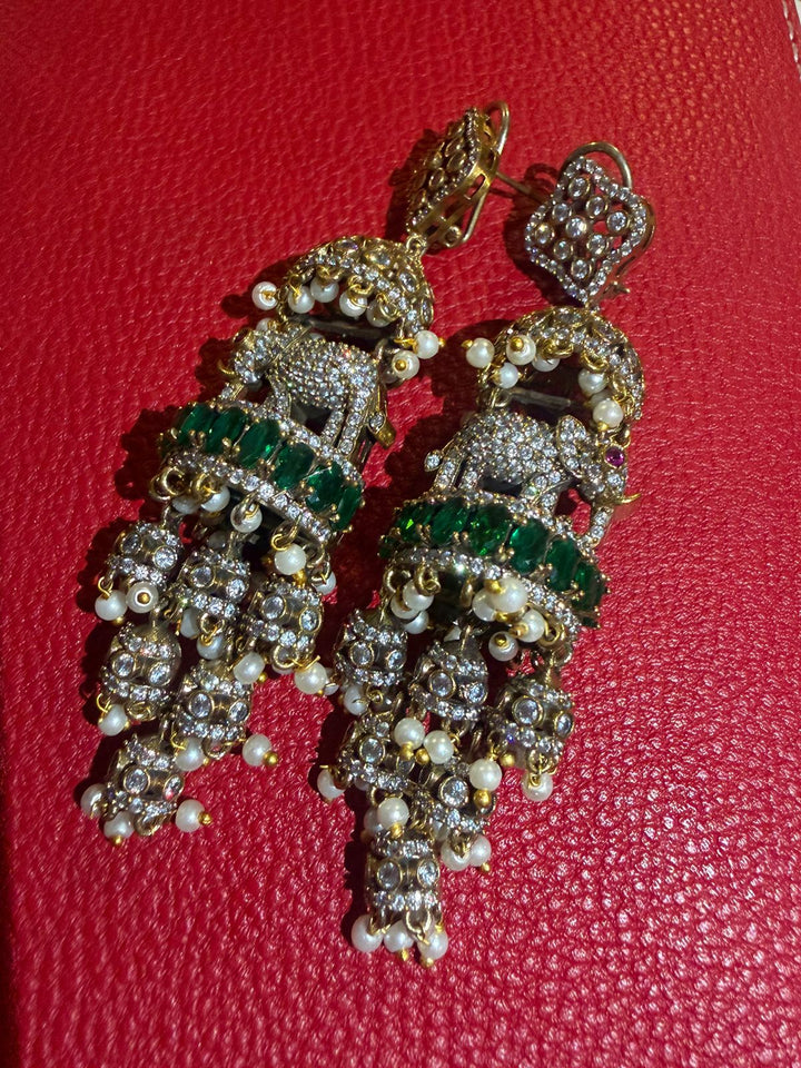 Vintage Victorian Extra-Long Jhumka Earrings with Elephant Unit and Green & White Stones | SHOBITAM