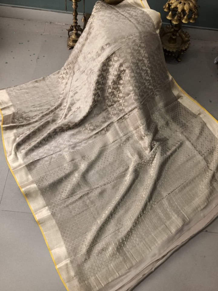 Stone Gray Mysore Crepe Silk Saree with Zari Floral Jaal and Zari Border in KSIC Grade Thickness | SILK MARK CERTIFIED | SHOBITAM