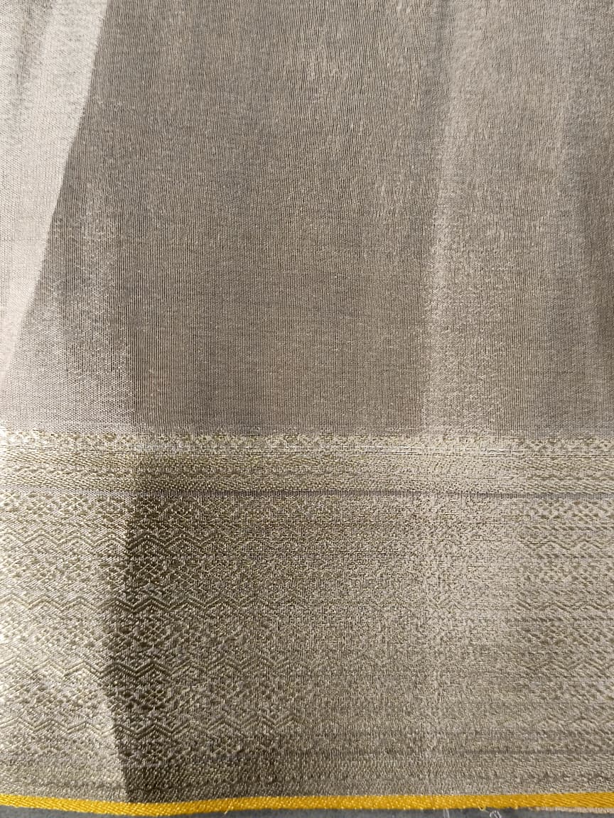 Stone Gray Mysore Crepe Silk Saree with Zari Floral Jaal and Zari Border in KSIC Grade Thickness | SILK MARK CERTIFIED | SHOBITAM