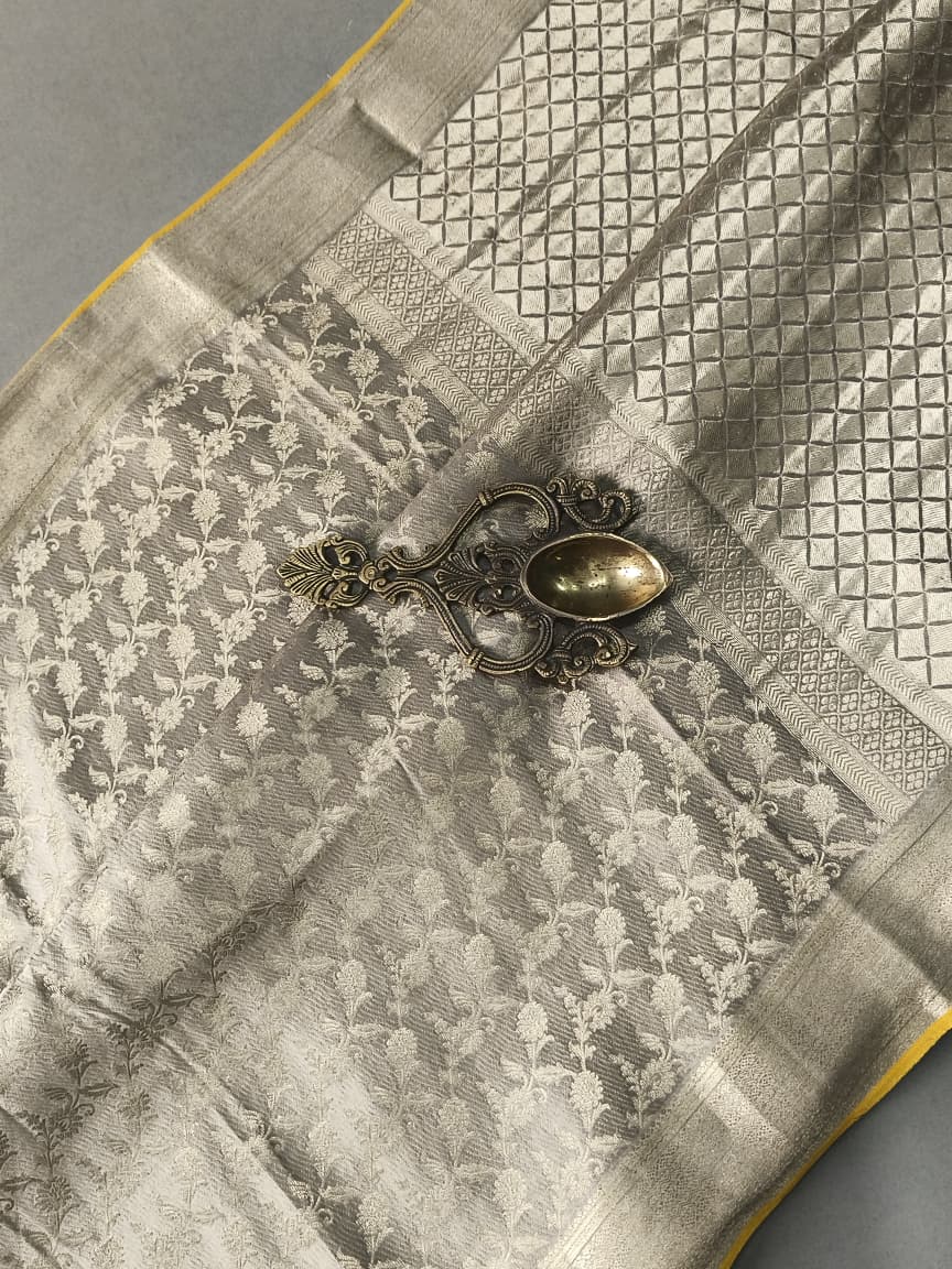 Stone Gray Mysore Crepe Silk Saree with Zari Floral Jaal and Zari Border in KSIC Grade Thickness | SILK MARK CERTIFIED | SHOBITAM