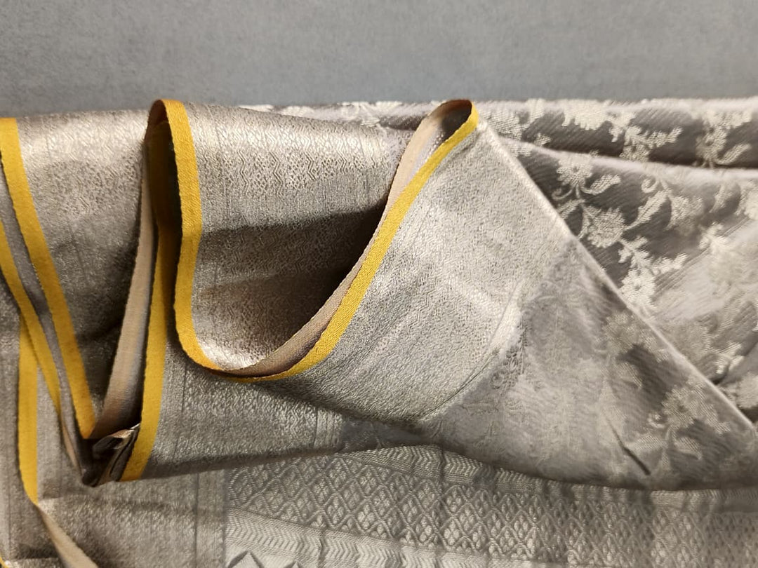 Stone Gray Mysore Crepe Silk Saree with Zari Floral Jaal and Zari Border in KSIC Grade Thickness | SILK MARK CERTIFIED | SHOBITAM