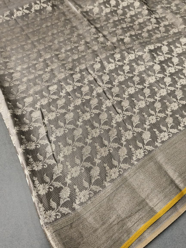 Stone Gray Mysore Crepe Silk Saree with Zari Floral Jaal and Zari Border in KSIC Grade Thickness | SILK MARK CERTIFIED | SHOBITAM