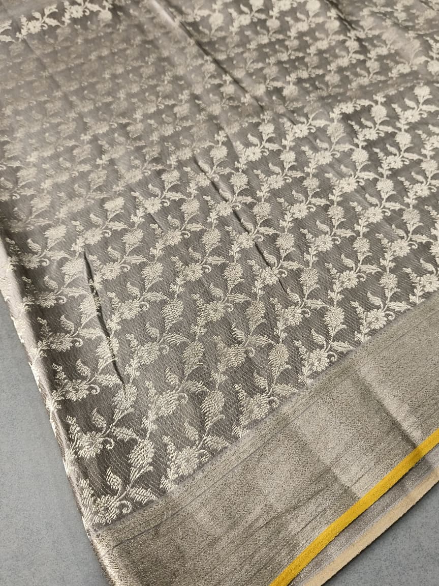 Stone Gray Mysore Crepe Silk Saree with Zari Floral Jaal and Zari Border in KSIC Grade Thickness | SILK MARK CERTIFIED | SHOBITAM