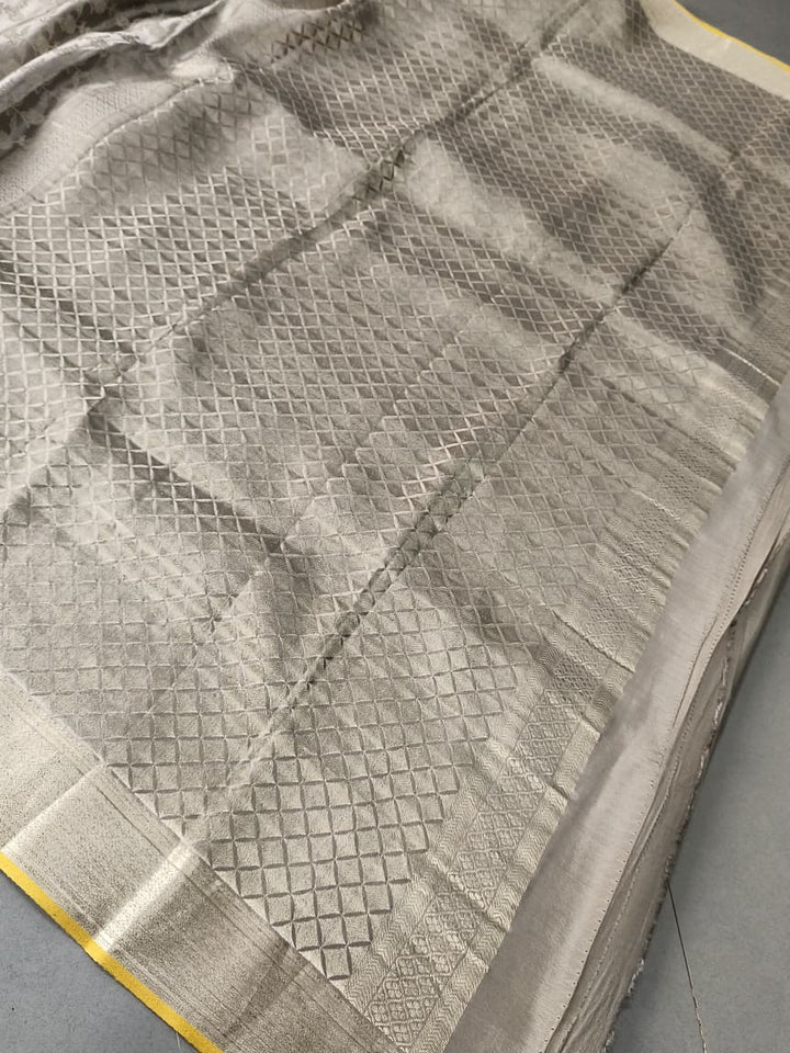 Stone Gray Mysore Crepe Silk Saree with Zari Floral Jaal and Zari Border in KSIC Grade Thickness | SILK MARK CERTIFIED | SHOBITAM
