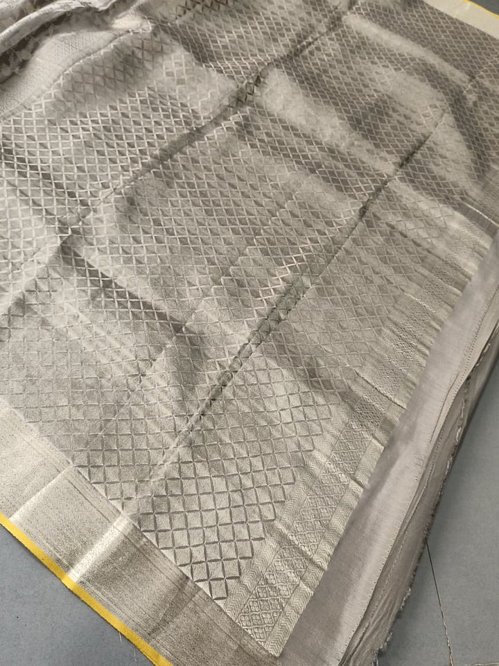 Stone Gray Mysore Crepe Silk Saree with Zari Floral Jaal and Zari Border in KSIC Grade Thickness | SILK MARK CERTIFIED | SHOBITAM