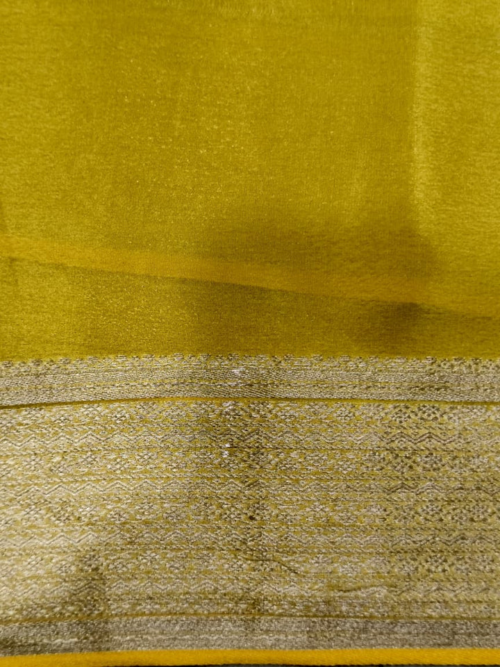 Lime Yellow Mysore Silk Saree with Muted Water Zari Jaal and Zari Border | SILK MARK CERTIFIED | SHOBITAM