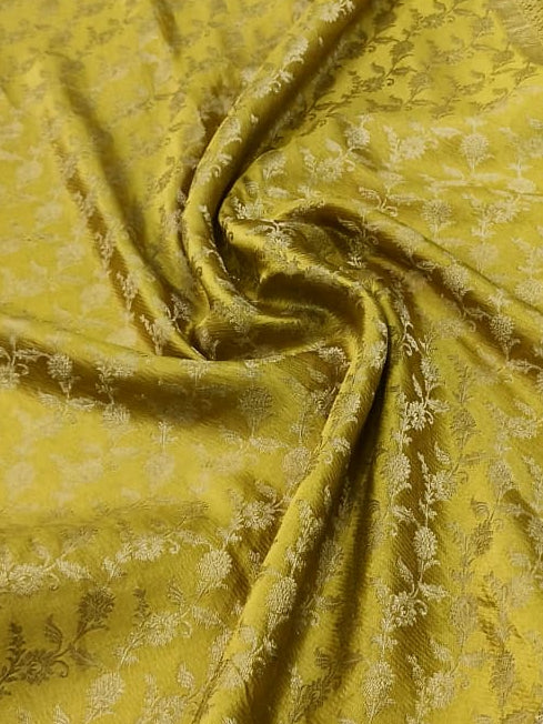 Lime Yellow Mysore Silk Saree with Muted Water Zari Jaal and Zari Border | SILK MARK CERTIFIED | SHOBITAM