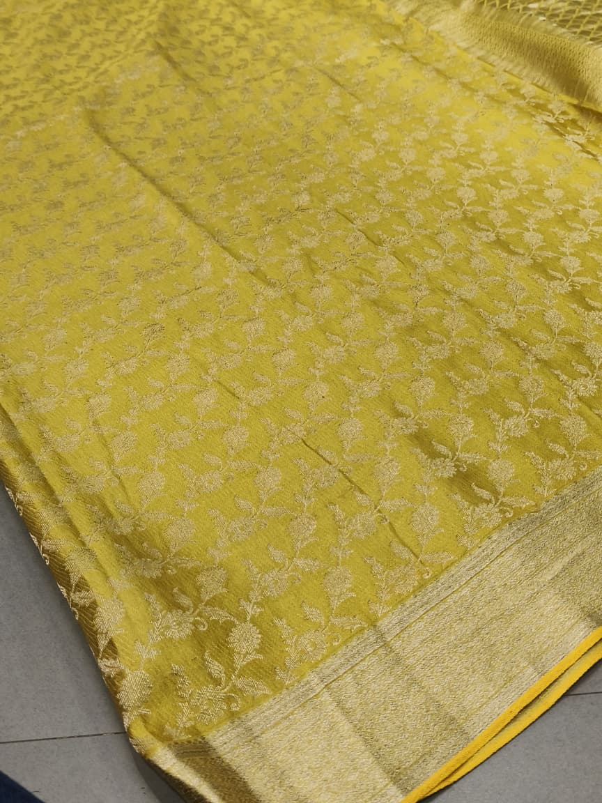 Lime Yellow Mysore Silk Saree with Muted Water Zari Jaal and Zari Border | SILK MARK CERTIFIED | SHOBITAM