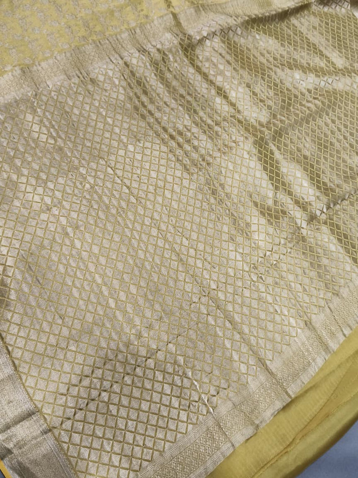 Lime Yellow Mysore Silk Saree with Muted Water Zari Jaal and Zari Border | SILK MARK CERTIFIED | SHOBITAM