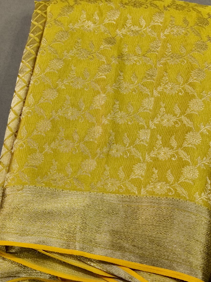 Lime Yellow Mysore Silk Saree with Muted Water Zari Jaal and Zari Border | SILK MARK CERTIFIED | SHOBITAM