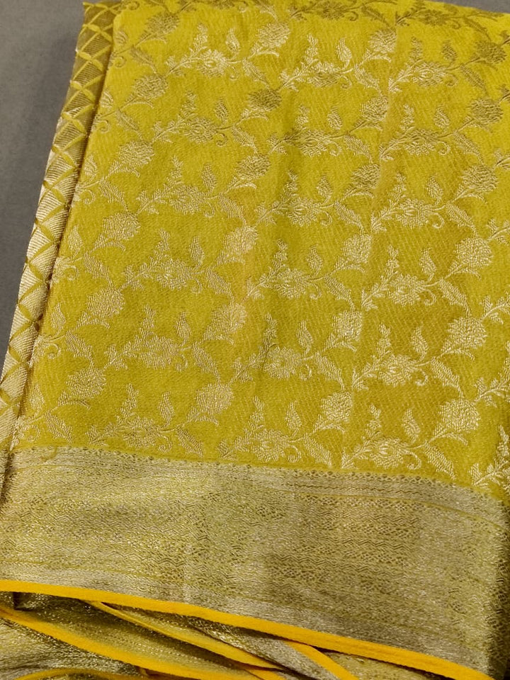 Lime Yellow Mysore Silk Saree with Muted Water Zari Jaal and Zari Border | SILK MARK CERTIFIED | SHOBITAM