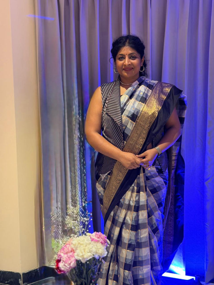 Exquisite Black-Gray-Off White Banarasi Katan Silk Saree with Checks and Kanjivaram Style Borders | SILK MARK CERTIFIED | SHOBITAM