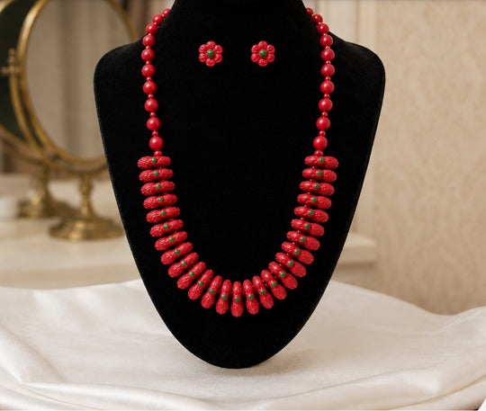 Terracotta Red Tribal Necklace Set with Red Beads & Jhumka Earrings – Traditional Handmade Ethnic Jewellery| SHOBITAM