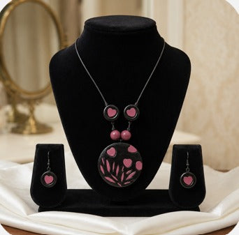 Terracotta Elegant Pink Beaded Necklace Set with Black Accents| SHOBITAM