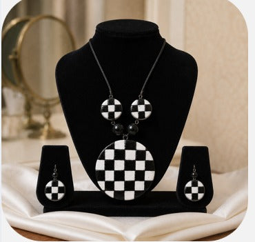 Terracotta Black & White Checkerboard Pendant Necklace with Earrings Set| SHOBITAM