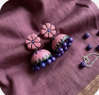Pack of 6 : HANDCRAFTED TERRACOTTA FLORAL JHUMKA EARRINGS WITH PURPLE BEADS – ETHNIC HANDMADE JEWELRY| SHOBITAM