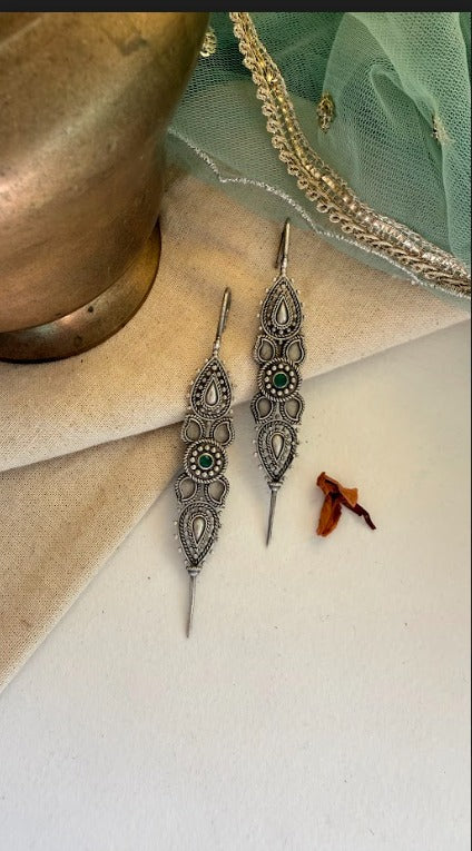 Anukruti Antique Silver Ear Cuffs with Green Stone | SHOBITAM