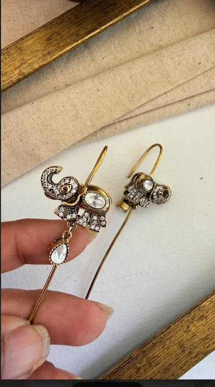 Sumukha Elephant Needle Earcuffs with Antique Gold Polish  | SHOBITAM