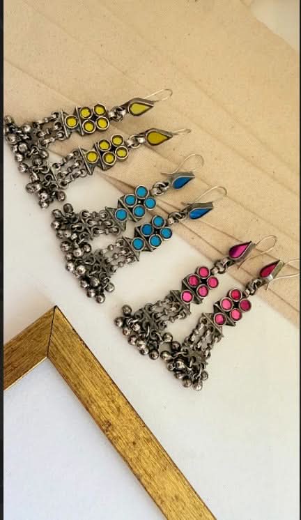 Blue Utkarsha glass earrings  in Brass with Antique Silver Polish |SHOBITAM