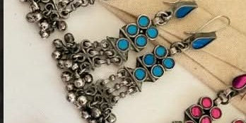 Blue Utkarsha glass earrings  in Brass with Antique Silver Polish |SHOBITAM
