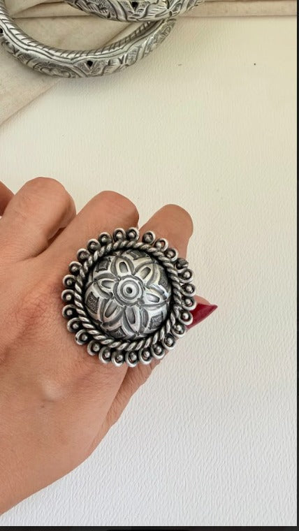 Taara Oxidised Silver Statement Ring with Antique Silver Polish | SHOBITAM