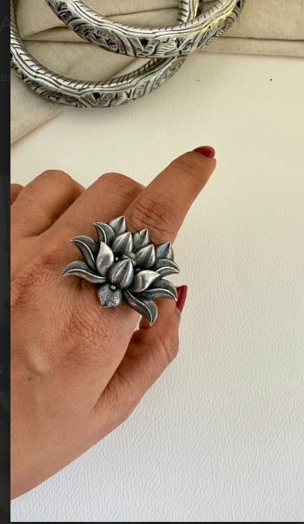 Lotus Oxidised Silver Statement Ring with Antique Silver Polish | SHOBITAM