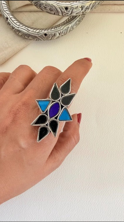 Nidha Star Design Glass Ring with Antique Silver Polish | SHOBITAM