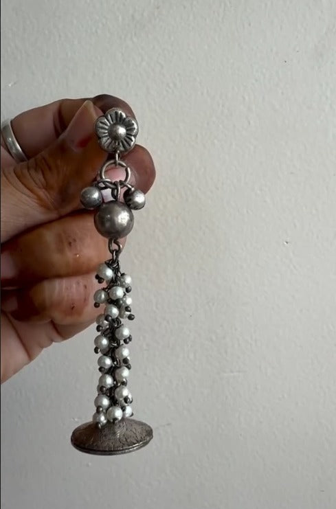 Pearl Antique Silver Jhumka Earrings with Hanging Pearl Tassels | SHOBITAM