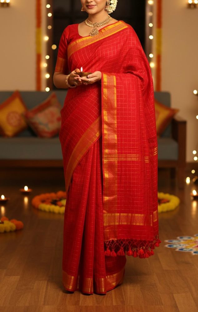 Kusum Red- Cotton Saree | SHOBITAM