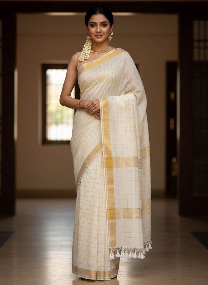 Onam Off White - Cotton Saree | SHOBITAM
