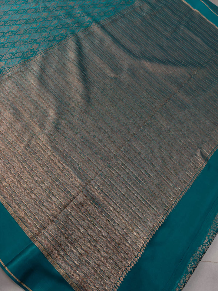 Teal Mysore Silk Saree with Meenakari-Antique Zari Persian Design Brocade and Plain Border | SILK MARK CERTIFIED | SHOBITAM