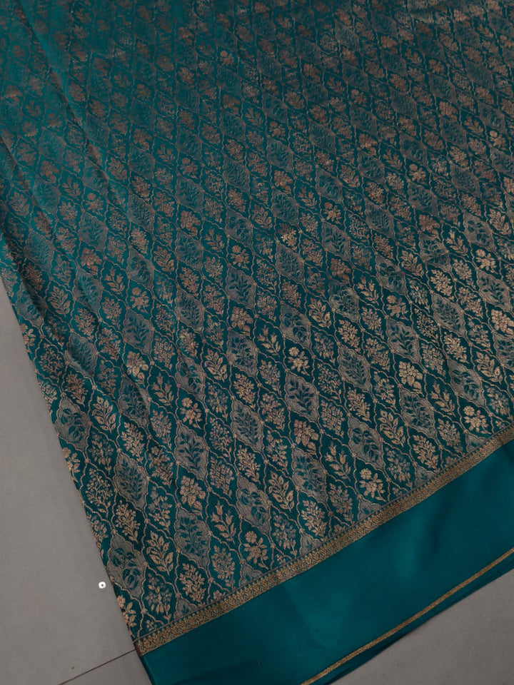Teal Mysore Silk Saree with Meenakari-Antique Zari Persian Design Brocade and Plain Border | SILK MARK CERTIFIED | SHOBITAM