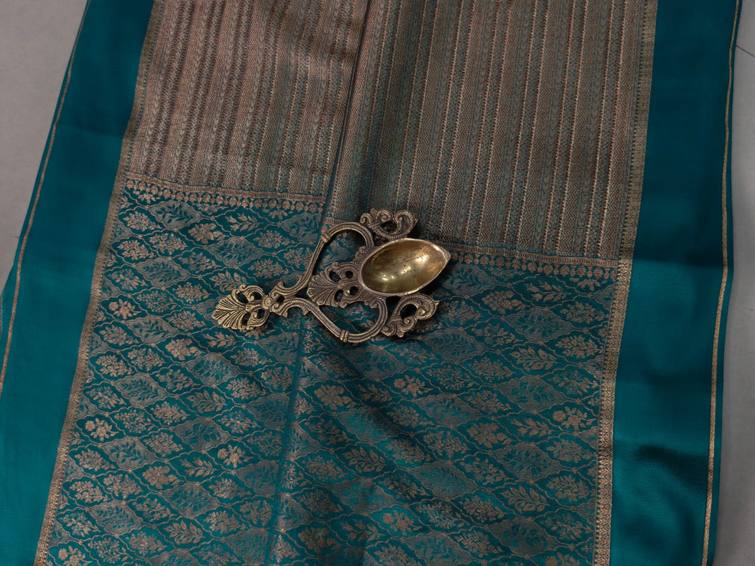 Teal Mysore Silk Saree with Meenakari-Antique Zari Persian Design Brocade and Plain Border | SILK MARK CERTIFIED | SHOBITAM