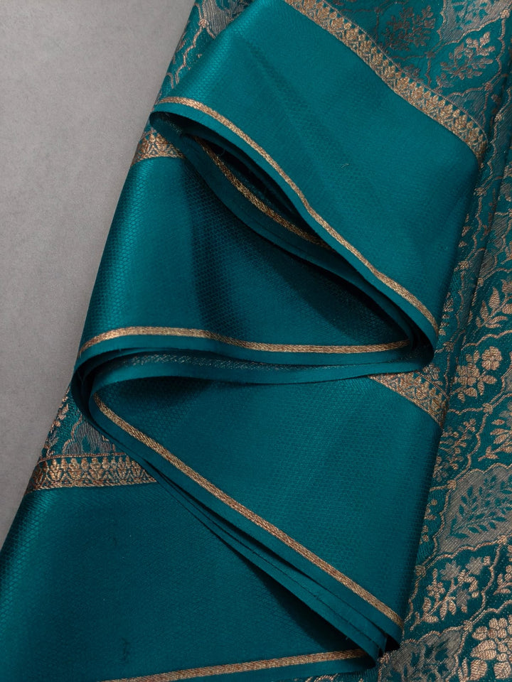 Teal Mysore Silk Saree with Meenakari-Antique Zari Persian Design Brocade and Plain Border | SILK MARK CERTIFIED | SHOBITAM