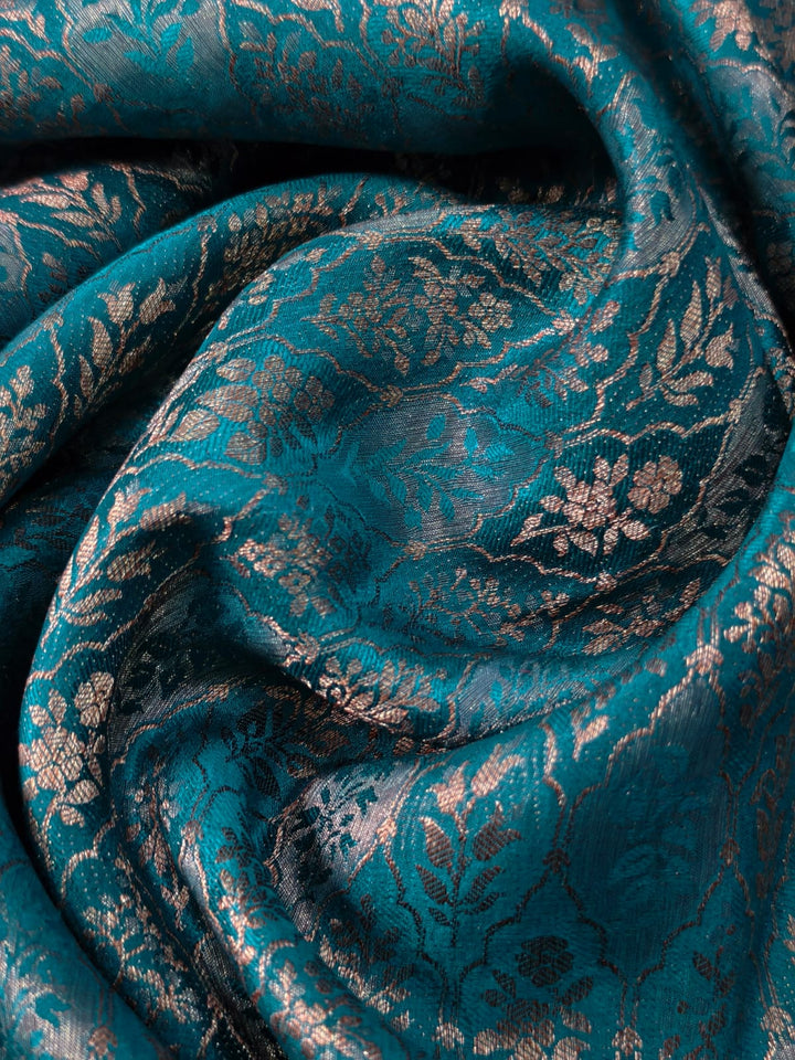Teal Mysore Silk Saree with Meenakari-Antique Zari Persian Design Brocade and Plain Border | SILK MARK CERTIFIED | SHOBITAM