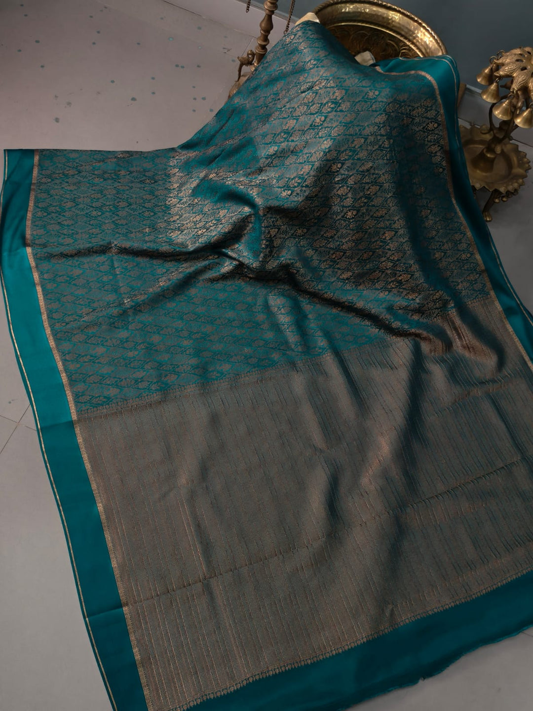 Teal Mysore Silk Saree with Meenakari-Antique Zari Persian Design Brocade and Plain Border | SILK MARK CERTIFIED | SHOBITAM