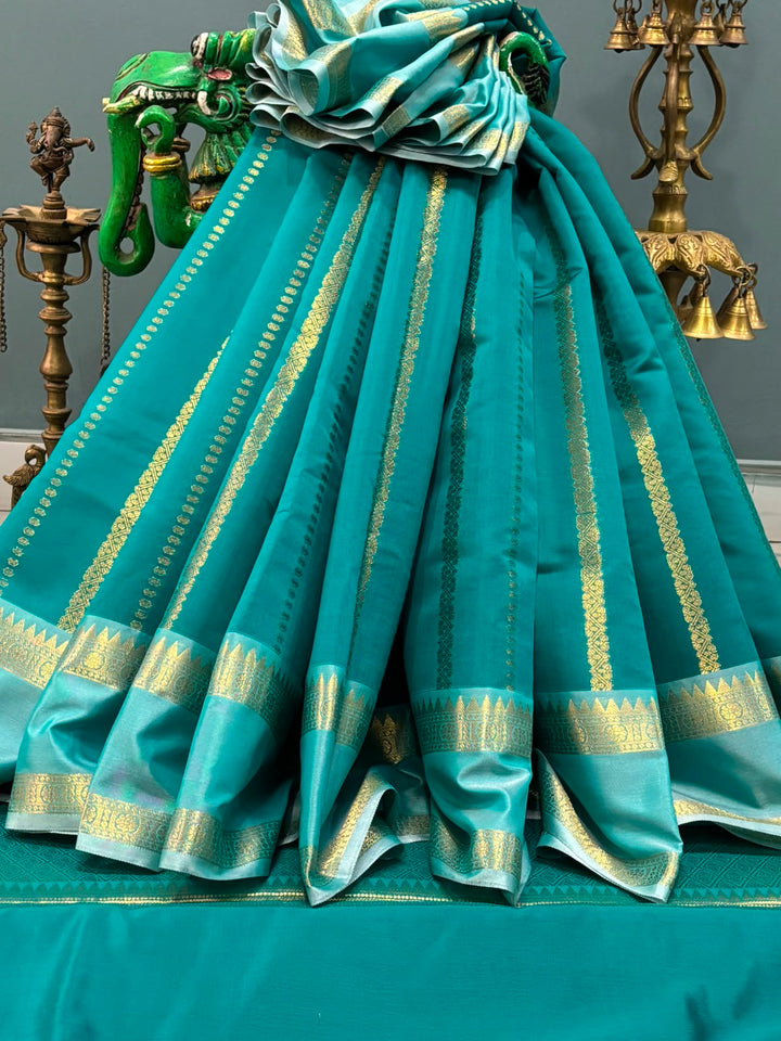 Green Kanjivaram Soft Semi Silk Saree with Ornate Zari Stripes and Rettaipet Zari Border | SHOBITAM
